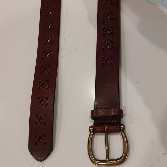Express Perforated Brown Italian Leather Belt Solid Brass Buckle - Picture 5 of 10